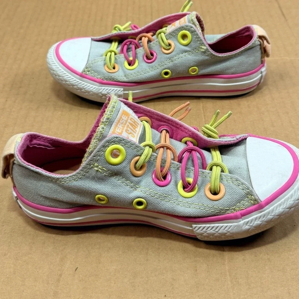 Converse Chuck Taylor Slip On Sneakers Juniors 12 Neon Knot Laces Low Top Shoes